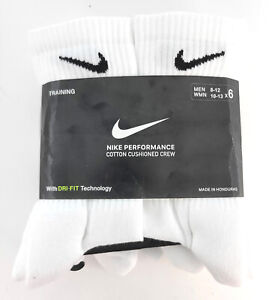 Nike Performance White Cotton Cushioned Crew High Socks ( 6 Pairs - Large)