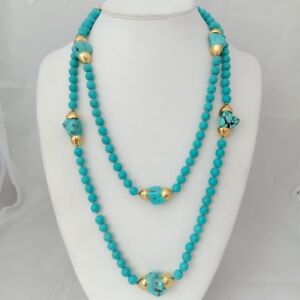 52'' Blue Turquoise Yellow Gold Plated Freeform Turquoise Necklace