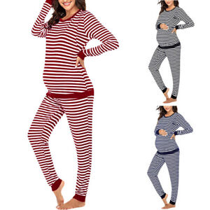 Women Maternity Long Sleeve Nursing T-shirt Tops+Striped Pants Pajamas Set Suit