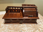 Vintage Men's Wood Dresser Valet Jewelry Box w/Roll Top & Pull-Out Drawer