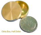 BRASS OKITO COIN BOX Magic Trick Penetrate Thru Hand Table Close Up Half Dollars