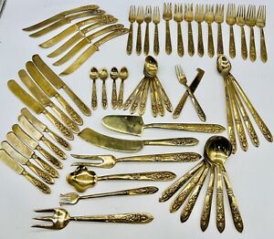 Thailand Brass Silverware Set Vintage Gold Tone Buddha 58 Pieces Rare