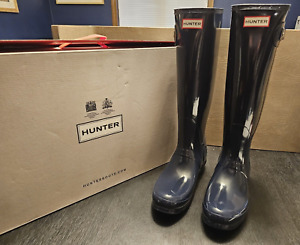 NIB HUNTER Women's Original Tall Gloss Navy Blue Rain Boots US Size 9 NEW IN BOX