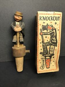 Vintage Anri Carved Wood Mechanical Wine Bottle Stopper Man w/ Plunger Orig Box!