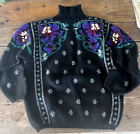 Vintage Hand Heavy Knit 100% Wool Cricket Brand Floral Black Sweater Size Small