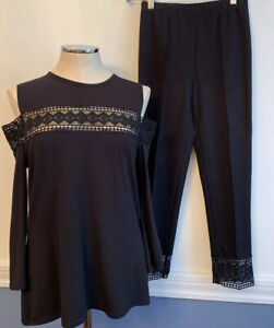 Small Yyigal Black 2 piece Soft Knit Outfit Women's Lace Trim Soft Pants Cold Sh