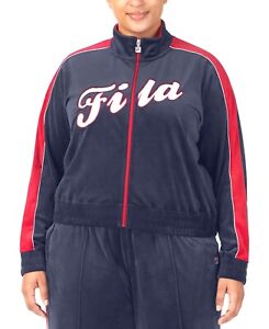Fila Womens Valery Logo Zip Front Velour Jacket Pants Track Suit Blue/Red 1X, 2X