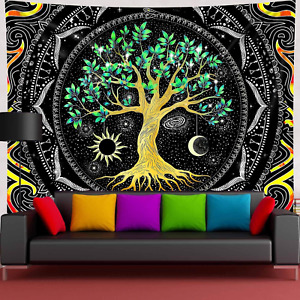 Tree of Life Tapestry, 80X60In Sun and Moon Green Leaves Tapestry Trippy Wishing