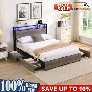 LED Queen Bed Frame, Storage Headboard with Charging Station, Solid and Stable