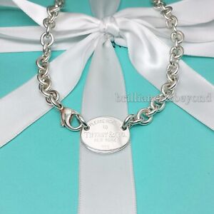 Return to Tiffany & Co. Oval Tag Necklace Choker 925 Sterling Silver Box + Pouch