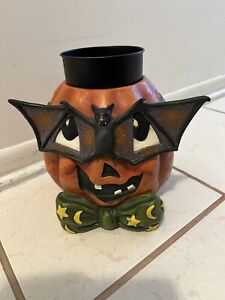 Bethany Lowe Halloween Pumpkin And Bat Ceramic Large Candle holder