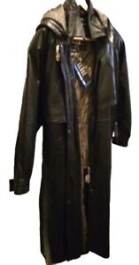 NEW NWT 7th AVENUE Mens XL Long Black Leather Trench Coat:Zipped Liner/Hood/Belt