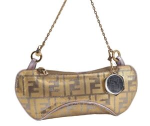 Authentic FENDI Zucca Chain Hand Bag Pouch Purse Leather Gold 2287J