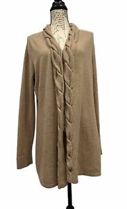 Magaschoni Womens Cashmere Knit Braided Open Front Cardigan Sweater Brown Size L
