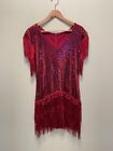 Womens Dress Size Large Red Sequin Fringe Stretch Lined Flapper Gatsby