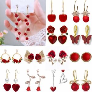 Wholesale Red Flower Cherry Stud Earrings Drop Dangle Women Wedding Jewelry Gift
