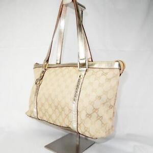 GUCCI Abbey Tote Bag Shoulder GG Canvas Leather Gold Authentic MBa0468