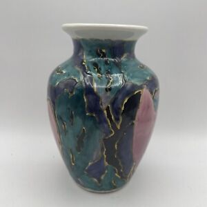 Tulip Swirl Ceramic Vase 6” Pink Teal Blue Black Hand Painted Vintage Chinese