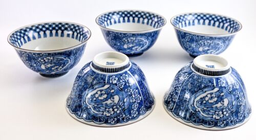 Vintage Japanese Ceramics Soup Rice Bowl Set Blue & White Bird Flower Seto Ware