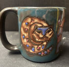 Studio Pottery 3 Cat Mug Coffee Cup Handmade BLUE GREEN glazed Signed MAYA
