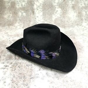 Vintage Always on Top Western Cowboy Hat Black Feathers 100% Virgin Wool 7 1/4