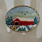 VINTAGE HAND PAINTED RED BARN WINTER SCENIC BROOCH PIN SIGNED