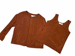 Chicos Women's 2/3  L/XL Two Piece Twin Set Cardigan And Tank Top Orange Slinky