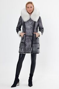 White Shearling Women Coat with Fox Fur Hood Trim, Black Genuine Sheepskin Coat