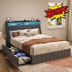 Bed Frame with LED, 4 Under-bed Portable Storage Drawers, Wings Headboard Design