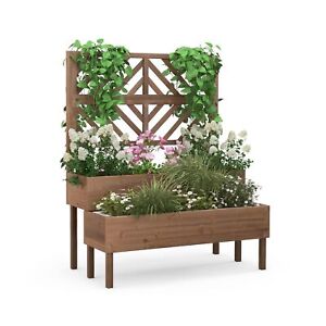 Giantex Raised Garden Bed with Trellis, 2-Tier Wooden Planter Box with Legs a...