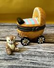 Baby Carriage Hinged Trinket Box with Teddy Bear Trinket - J1