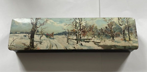 Antique Wooden Lacquer Pencil Box Winter Scene Painting Hinged Divided
