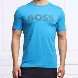 NWT HUGO BOSS Cotton-Jersey T-Shirt with FINELINE LOGO ARTWORK Blue L / XL / XXL