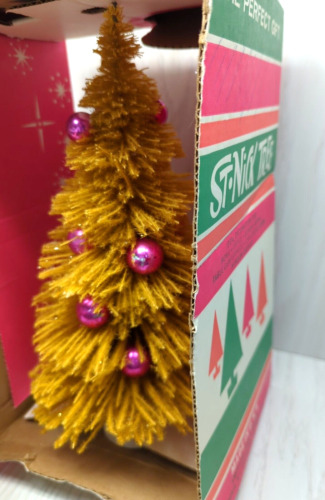 Vintage St Nick Christmas Tree original MCM box brown gold pink bottle brush