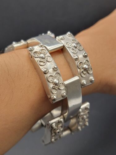 Vintage 925 Mexican Silver Flower Bracelet Taxco Wide Repousse Panel Link Chunky