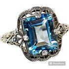 Lab Created Sapphire Diamond Vintage Event Ring 14K White Gold Finish Size 8 💎