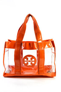 Tory Burch Womens Plastic Patent Leather Orange Clear Large Tote Bag Handbag