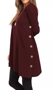 iGENJUN Knit Sweater Dress Tunic Button Side Asymmetric Long Sleeve Burgundy M