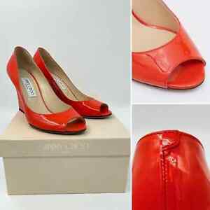 JIMMY CHOO Size 37/7 Orange Tangerine Patent Leather Heels w/box