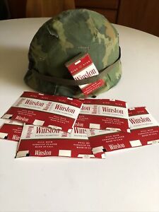 8 ORIGINAL Vietnam War Era 60’s WINSTON MILITARY Cigarette Pack Labels M1 Helmet