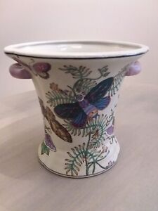 ESTATE SALE  Vintage Faux French Vase Two Handled Porcelain Butterflies Design. 