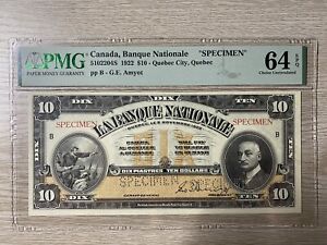 1922 La Banque Nationale $10 Specimen - PMG 64 EPQ - 5102204S