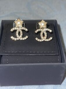 CHANEL Authentic Crystal & Pearl Classic CC Logo Earrings Gold Tone with Box