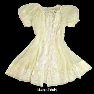 Vintage 50s/60s Babydoll Chiffon Slip Dress Petticoat Set Women's M Yellow Lace