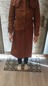 Vintage Leather Trench Coat Beged-Or Long Fitted Belted 10 S Small Tan