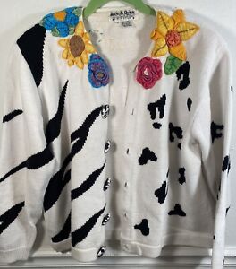 Vintage Jack B Quick Cardigan Crochet Flowers Tiger Cow Shoulder Pads Women’s XL