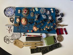 Vintage Junk Drawer Lot Costume Fashion Jewelry Cameos Military Medals Pins pin