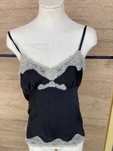 Vintage 00s Dark Romantic Black Express Lace Silk Slip Cami Size s Coquette Boho