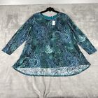 Susan Graver Liquid Knit Tunic Plus Size 3X Teal Mosaic Paisley Metallic Sparkle