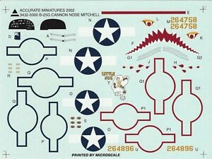 Accurate Miniatures 1/48th Scale B-25G Mitchell Decals from Kit No. 3432-0300